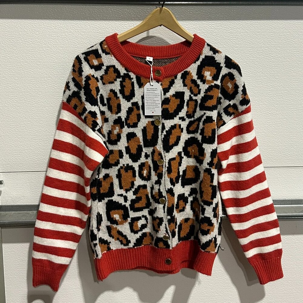 Boutique Leopard + Stripe Mixed Print Cardigan – Size M